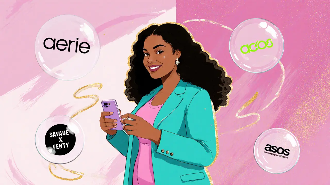 A curvy influencer holds a phone amid floating brand logos, celebrating body positivity.