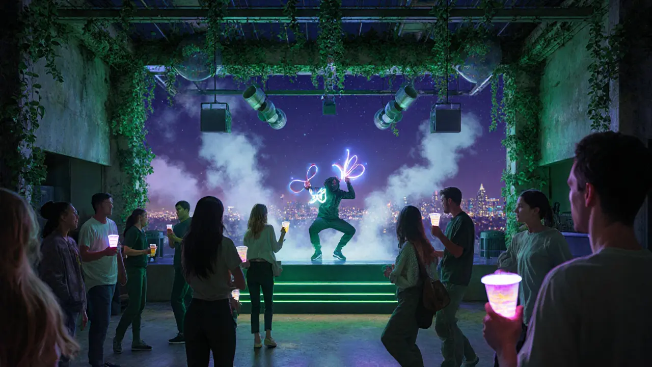A hidden pop-up club with jungle-themed decor, live performers, and glowing drinks under an open roof.