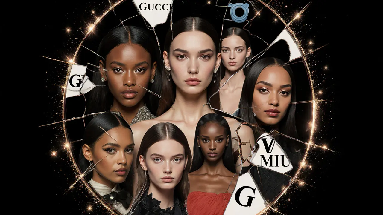 A shattered mirror reflecting diverse supermodels, each fragment glowing with golden light and fashion logos.