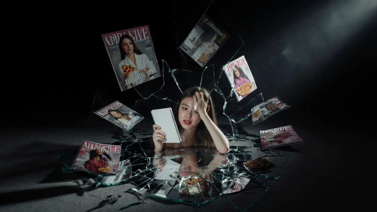 A shattered mirror reflecting real life instead of a perfect image.