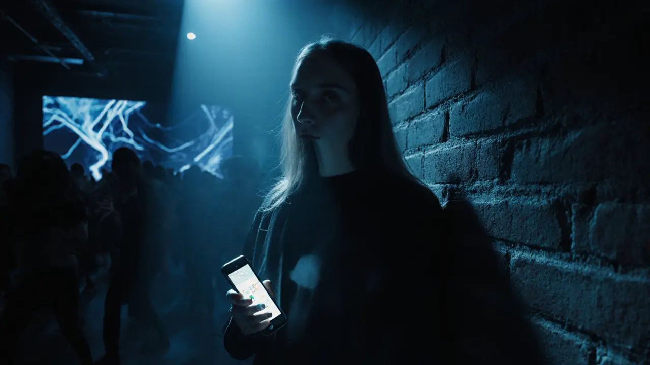 A woman lost in music at a techno club, surrounded by shadowy dancers and live projected art.