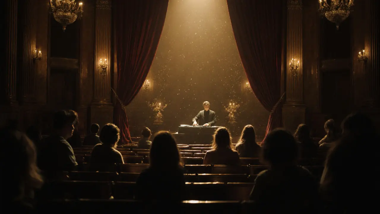 An elegant old opera house with a DJ spinning vinyl, people swaying in dim golden light.
