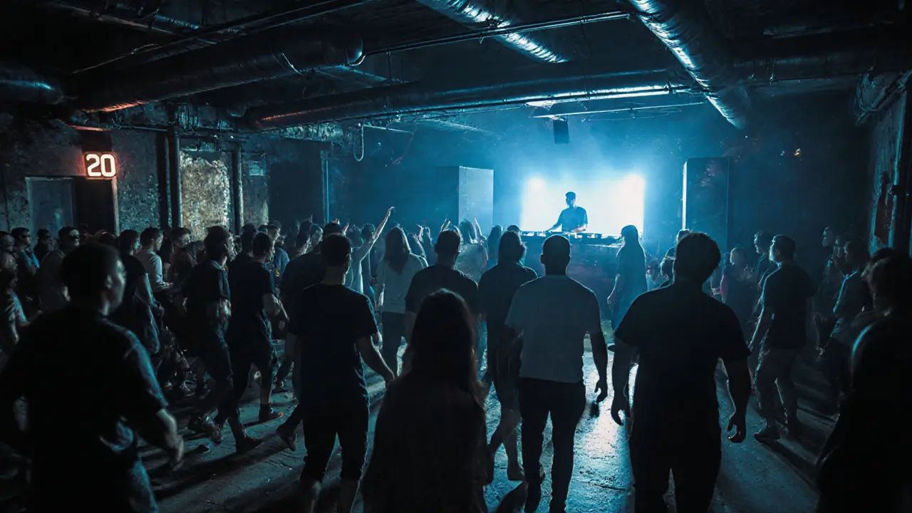 An underground techno club with a dense crowd dancing as one under glowing speakers.