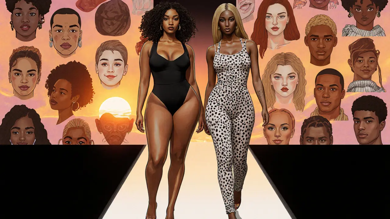 Ashley Graham and Winnie Harlow standing proudly on a modern runway, diverse skin tones and body types illuminated.