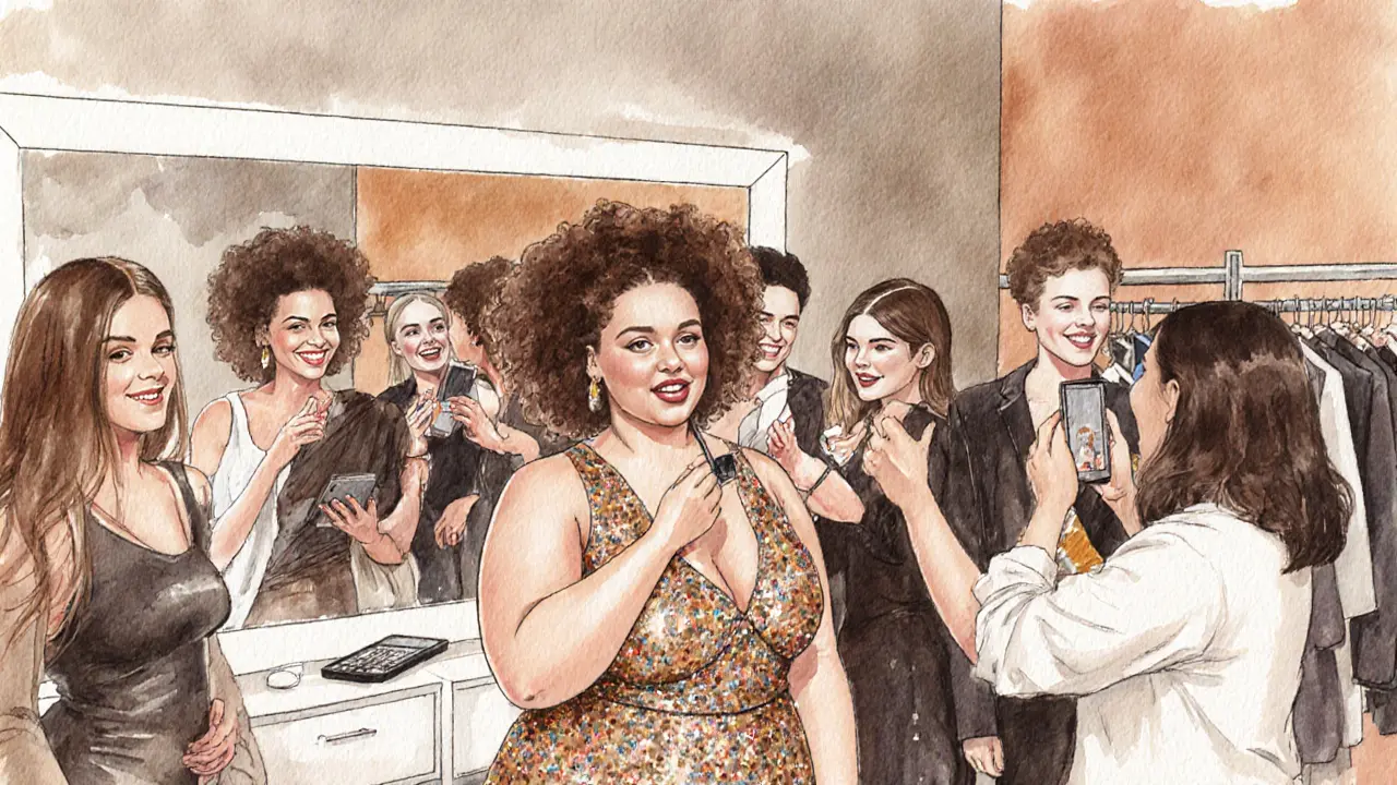 Backstage watercolor showing curvy models preparing with makeup, hair, and phones.