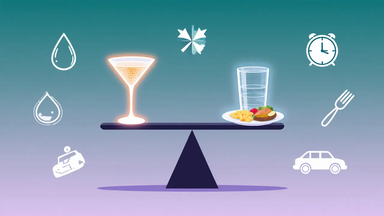 Balanced scale with a cocktail glass on one side and water plus snacks on the other, symbolizing safe drinking.