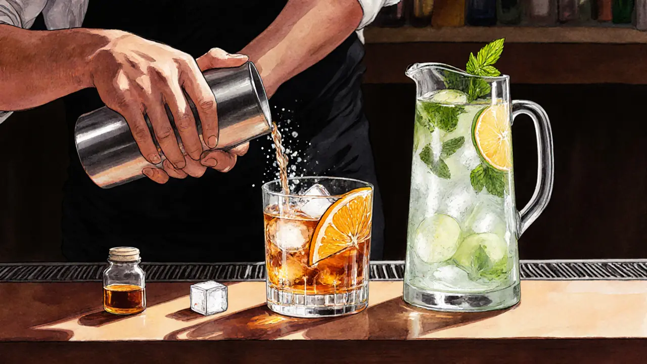 Bartender shaking a cocktail while a mocktail with fresh juice and mint is prepared beside it.