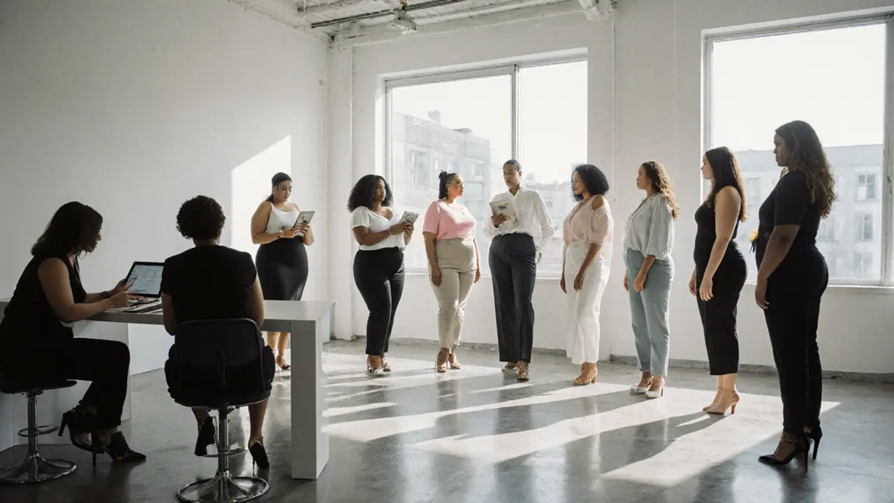 Behind-the-scenes casting session with diverse curvy models in a bright studio.