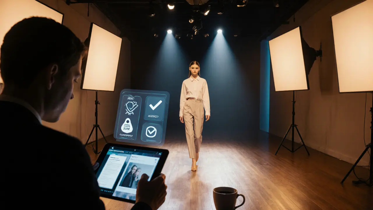 Casting room scene with a model walking a short runway and an agent reviewing a portfolio on a tablet.