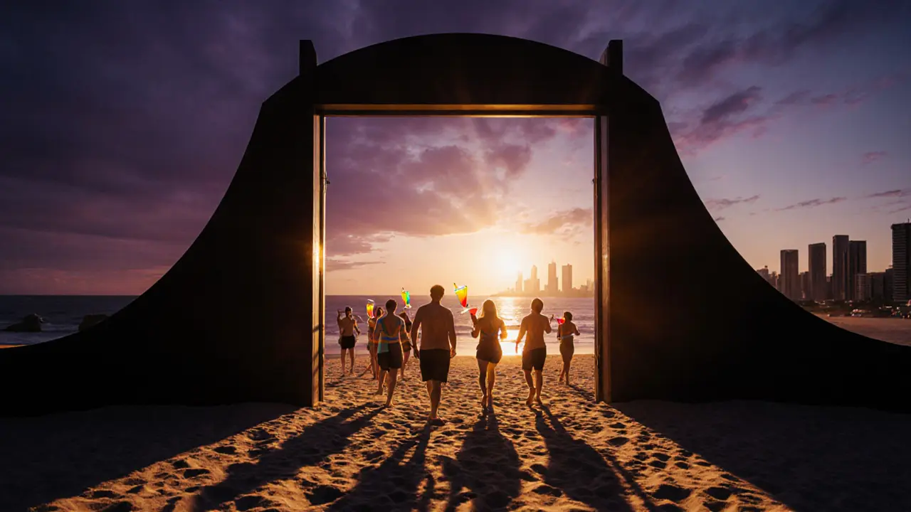 Club doors opening onto a beach at sunrise, patrons stepping onto sand with sunrise drinks.