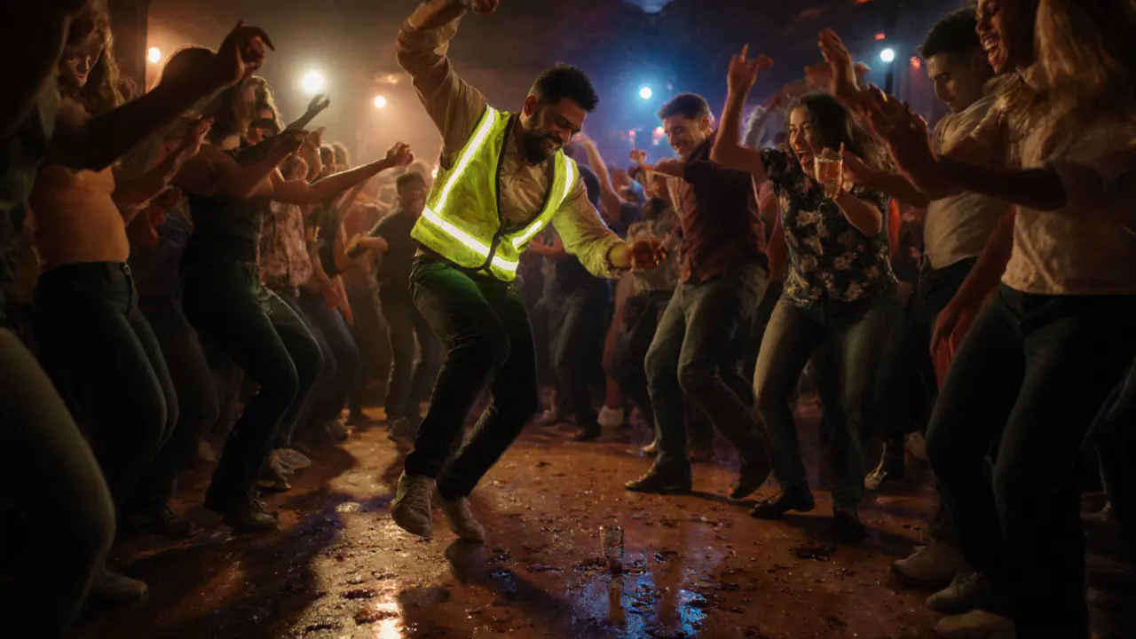 Crowd dancing together in a crowded bar, one man in neon vest leading the Cha-Cha Slide, drinks spilled on floor.