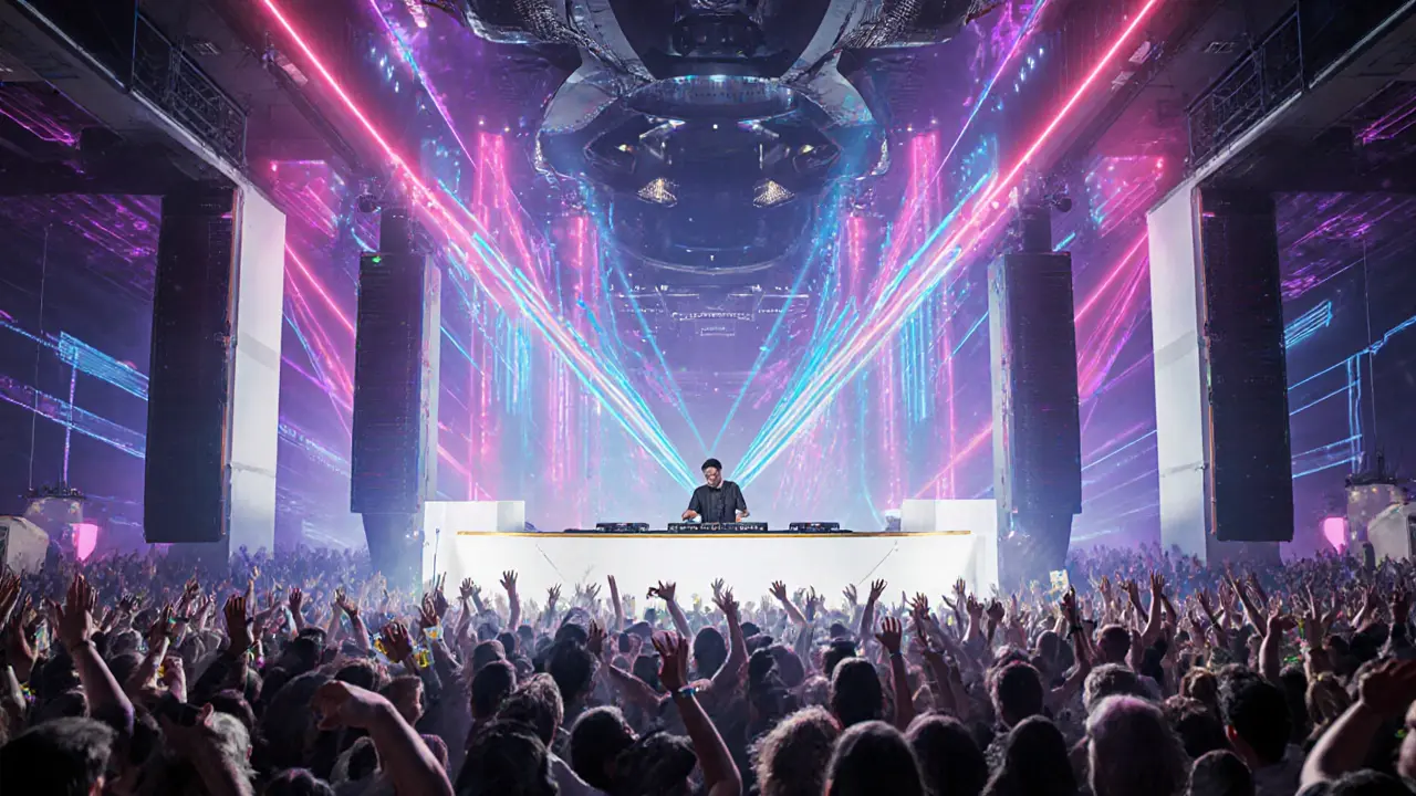 Crowded dance floor with neon lights, laser beams, and a DJ at a futuristic booth.