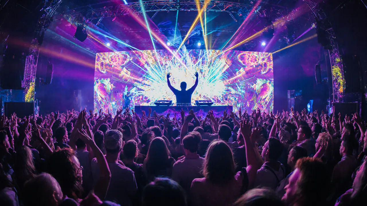 Crowded main floor with laser lights and a DJ performing.