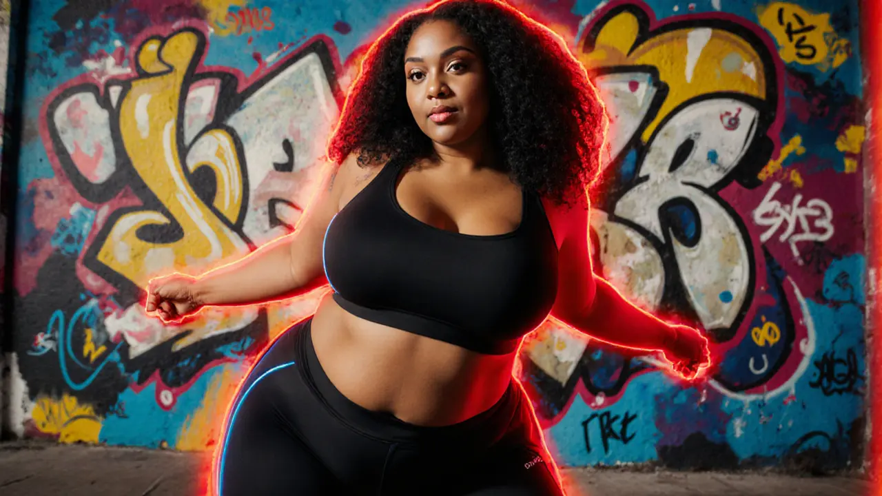 Curvy model poses in colorful activewear against a graffiti wall for a body-positive campaign.