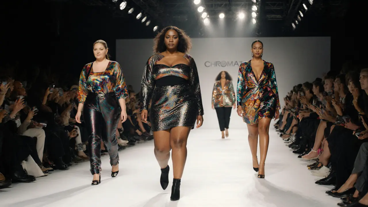 Curvy models walk a vibrant runway, illuminated by bright stage lights and bold outfits.