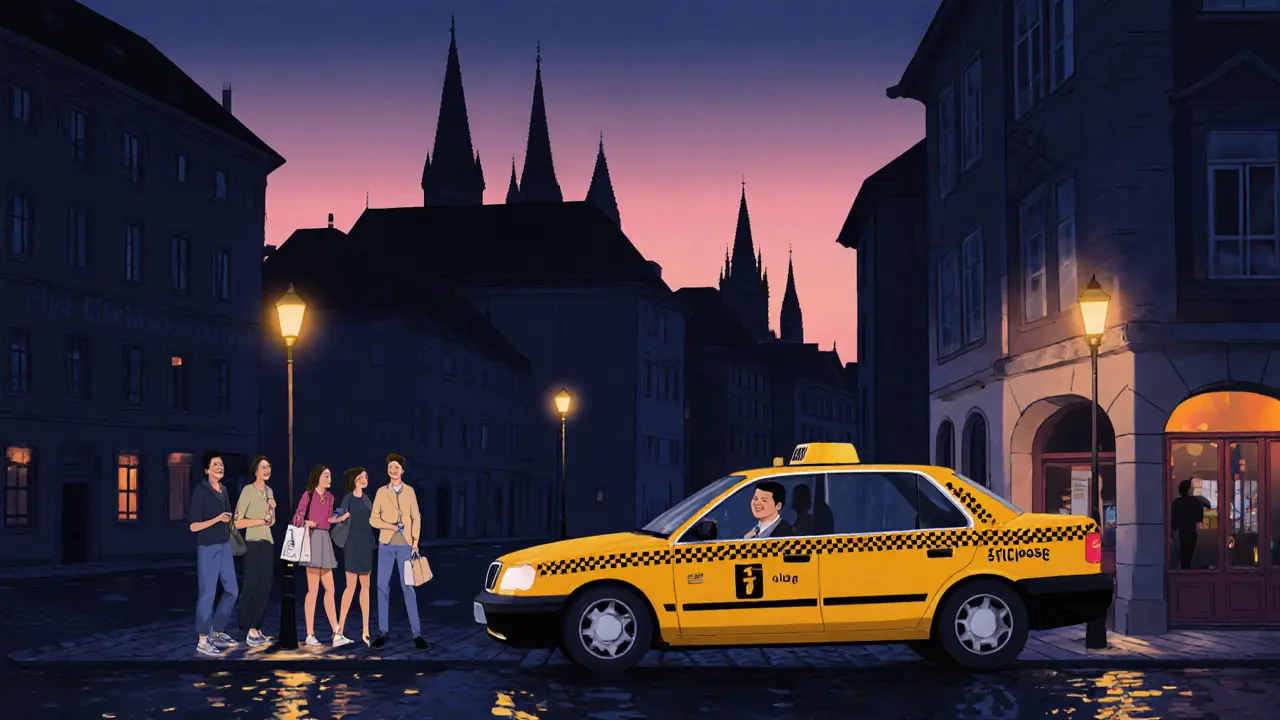 Early dawn scene with a taxi waiting as clubgoers exit a venue, holding IDs, against a pink‑tinged Munich skyline.