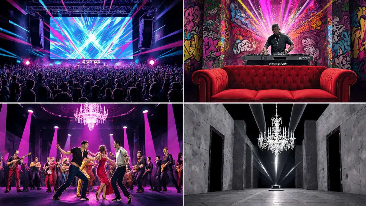 Four illustrated panels depicting EDM, hip‑hop, Latin, and techno nightclubs.
