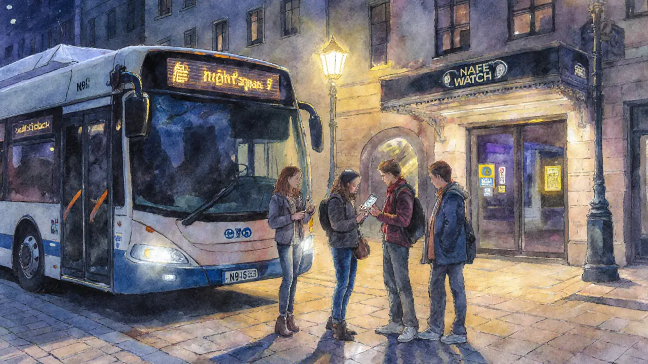 Friends checking a safety app near a night bus with a safe‑space sign.