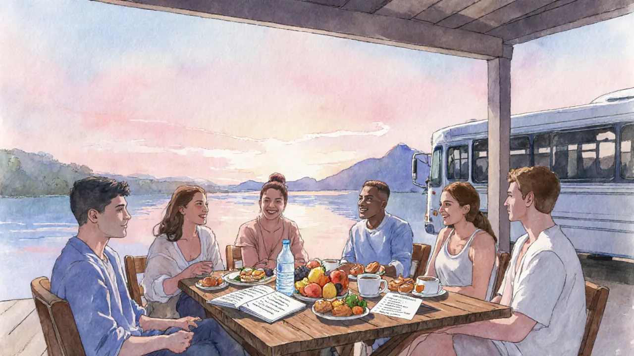 Friends enjoying brunch on a lake‑side patio at sunrise with a safety itinerary and bus.