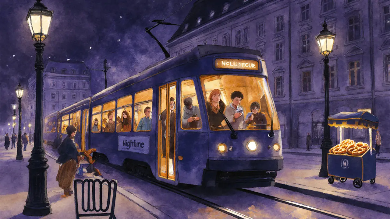 Friends leaving a club and boarding a night tram under streetlights.