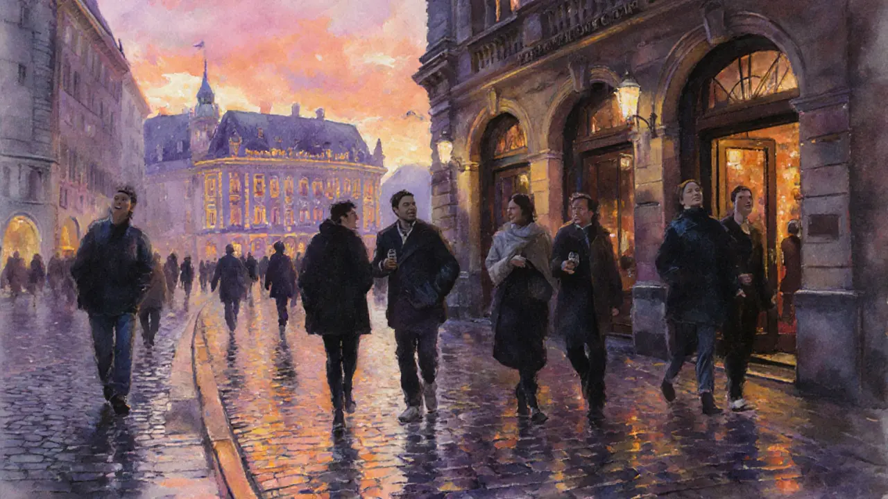 Friends leaving a club at sunrise, wet cobblestones reflecting pastel sky.