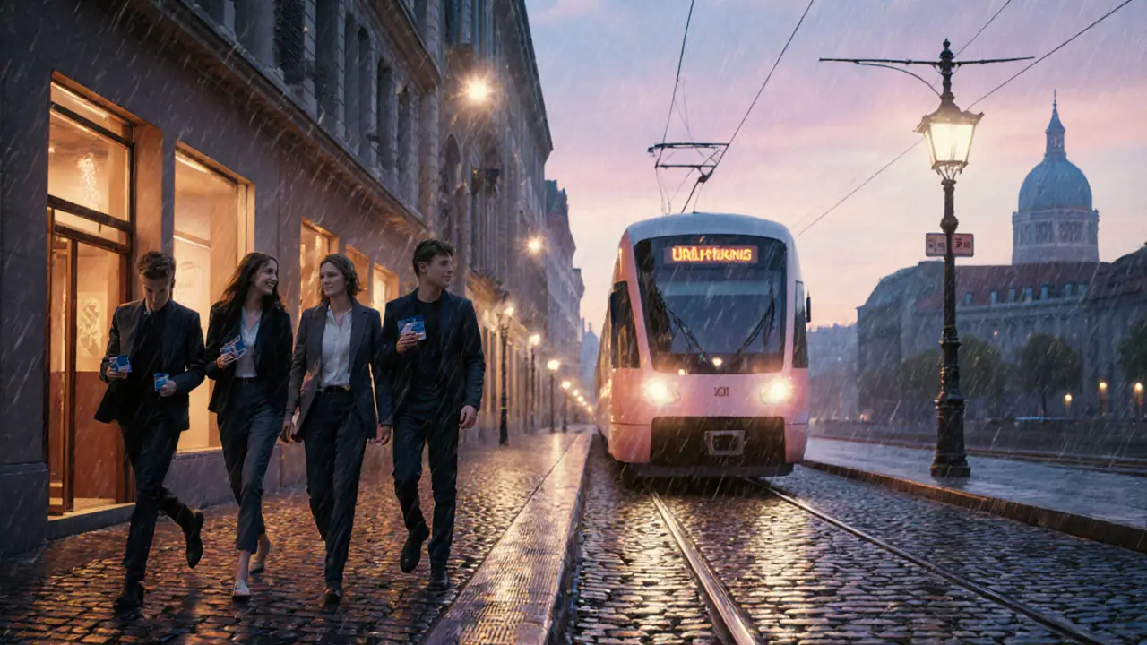 Friends leaving a club safely, with U‑Bahn train and early‑morning light.