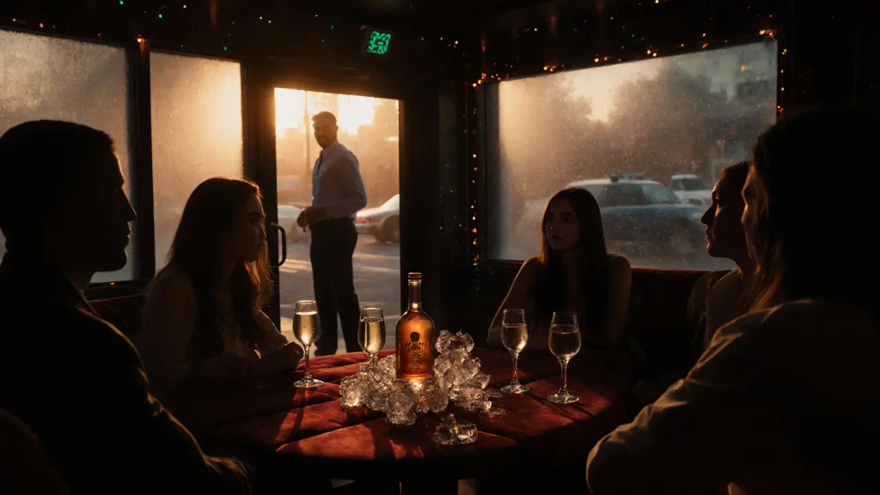 Friends toast at a VIP table in a club lounge as sunrise light filters in.