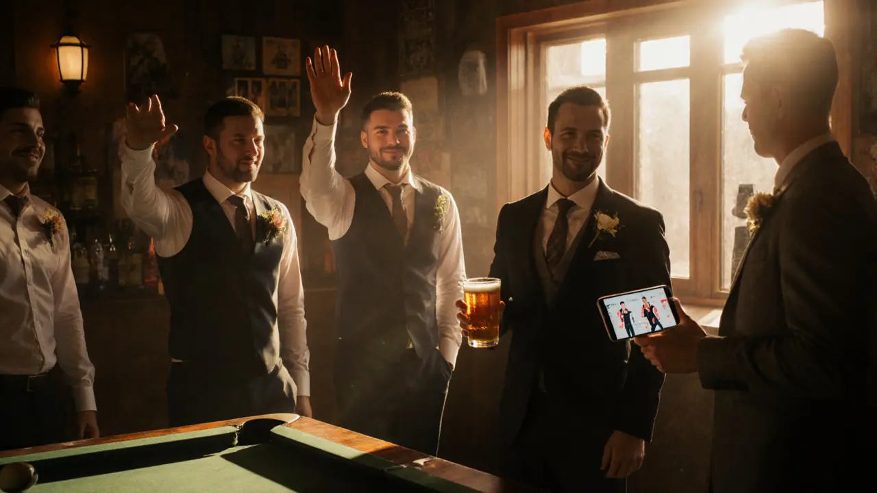 Groom holding beer, smiling as friends prepare to start a surprise dance, phone showing dance tutorial in background.