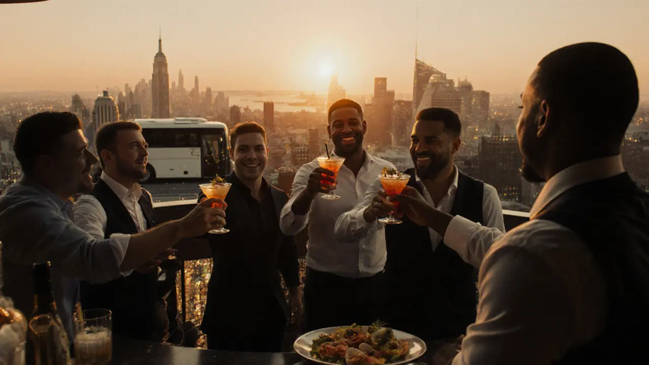 Group cheering with cocktails on a sunset rooftop bar, city lights and a party bus nearby.