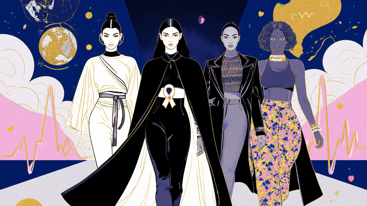Illustration of five models showing distinct style and activism symbols in a fashion editorial.