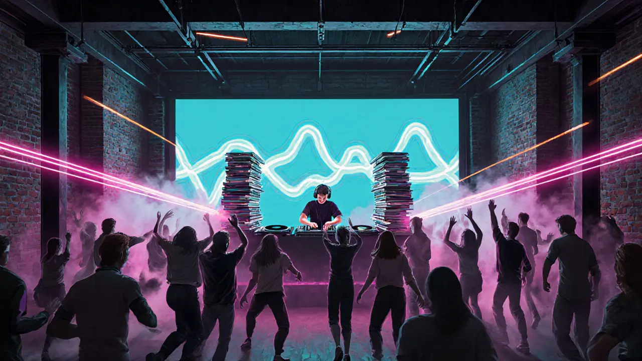 Industrial underground club interior with DJ booth, LED walls, and dancing crowd.