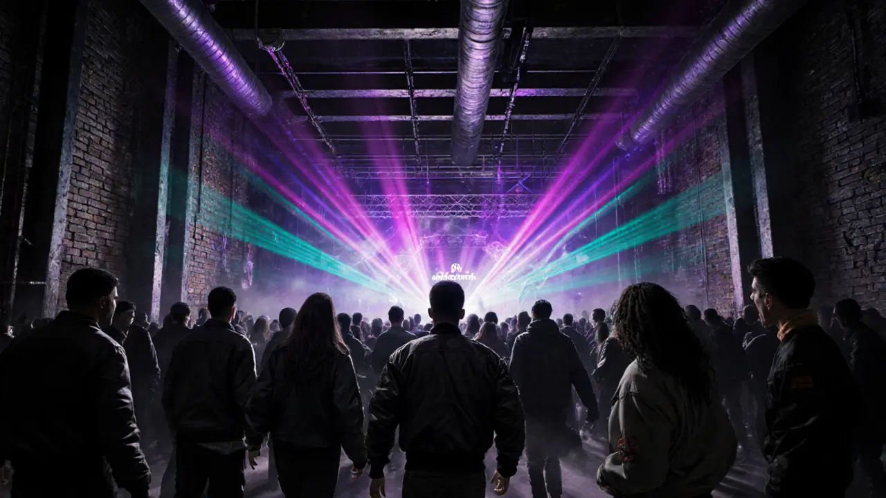 Industrial underground techno club interior with neon laser lights and dancing crowd.
