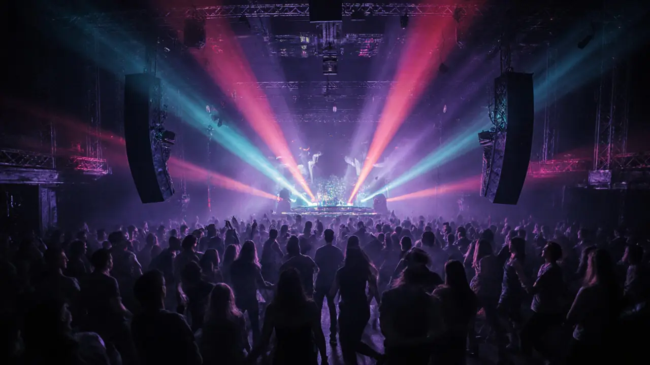 Inside a dark Munich techno club with colorful LED lights and a dancing crowd.