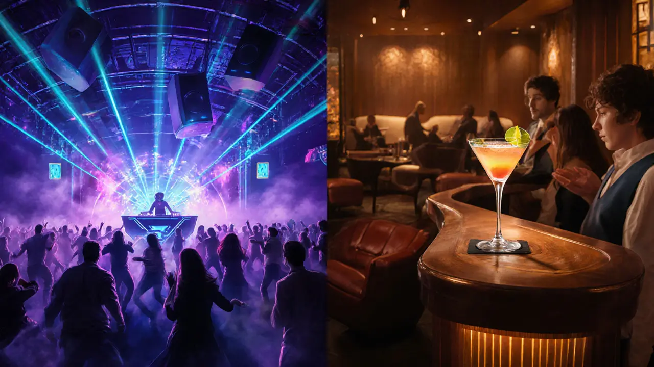 Inside a techno club with laser lights and a stylish cocktail lounge.