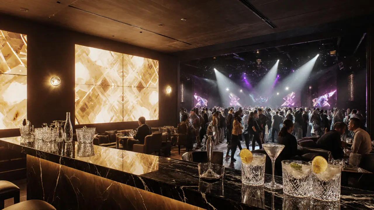 Luxurious P1 club interior with LED walls, plush lounge, cocktail bar, dancing crowd.