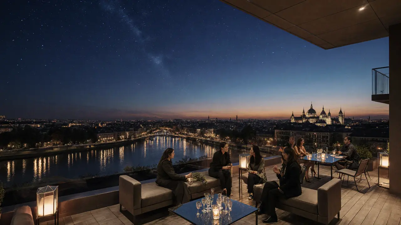 Rooftop lounge The High at sunset showing city skyline, river, and friends enjoying drinks.