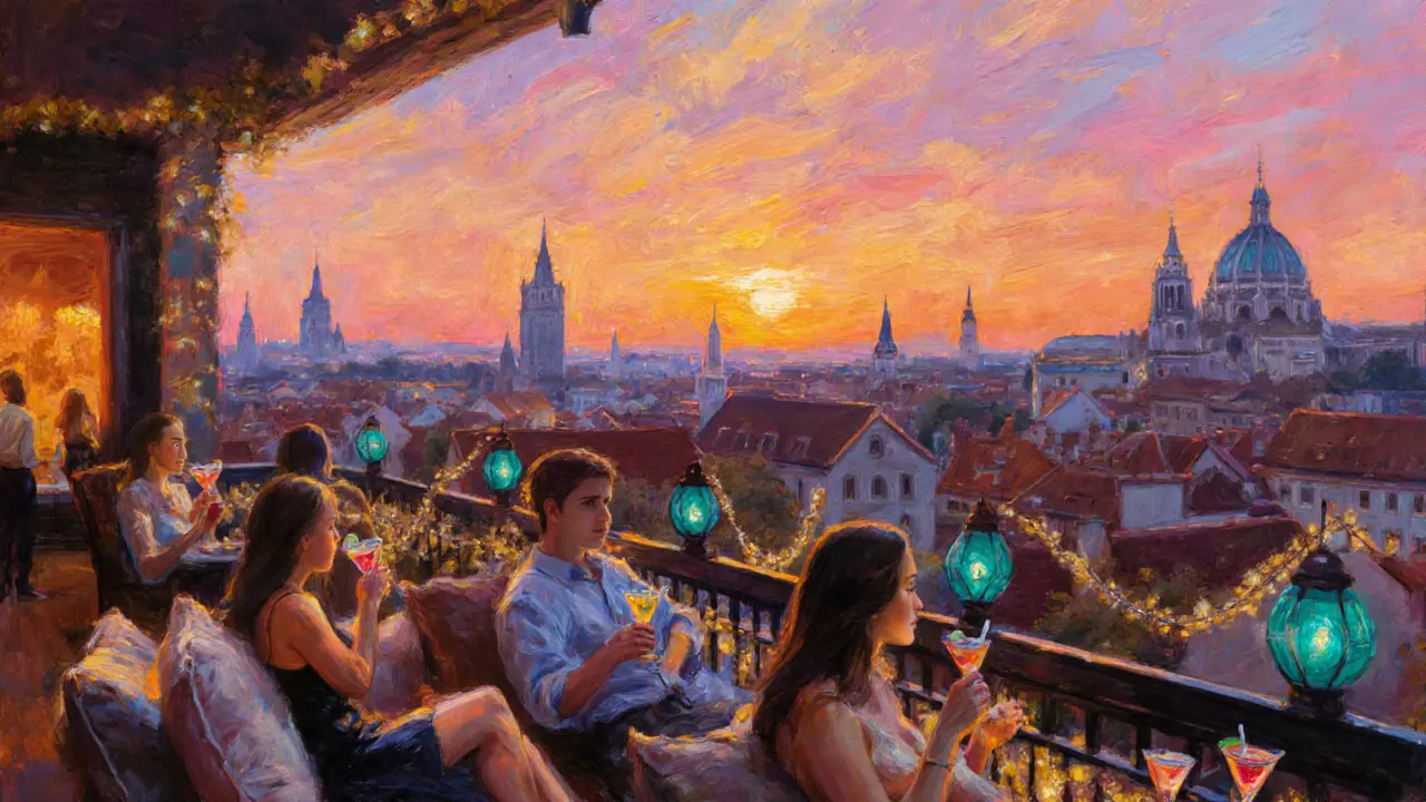 Rooftop terrace at sunset with guests drinking and a city skyline view.