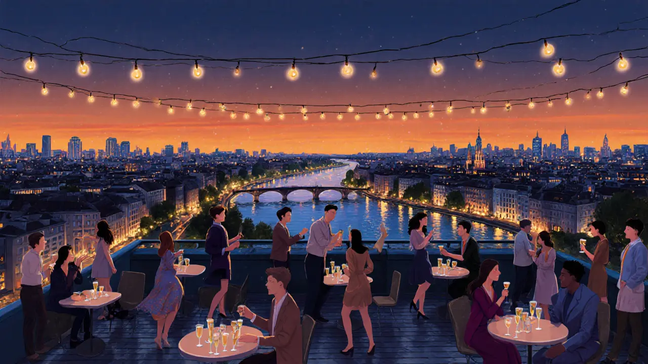 Rooftop terrace of Bob club at dusk, city skyline, Isar River, guests enjoying drinks.