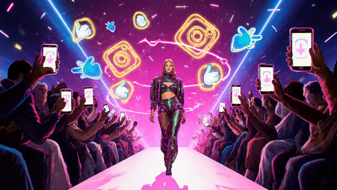 Runway scene with a supermodel and glowing Instagram icons and audience phones.