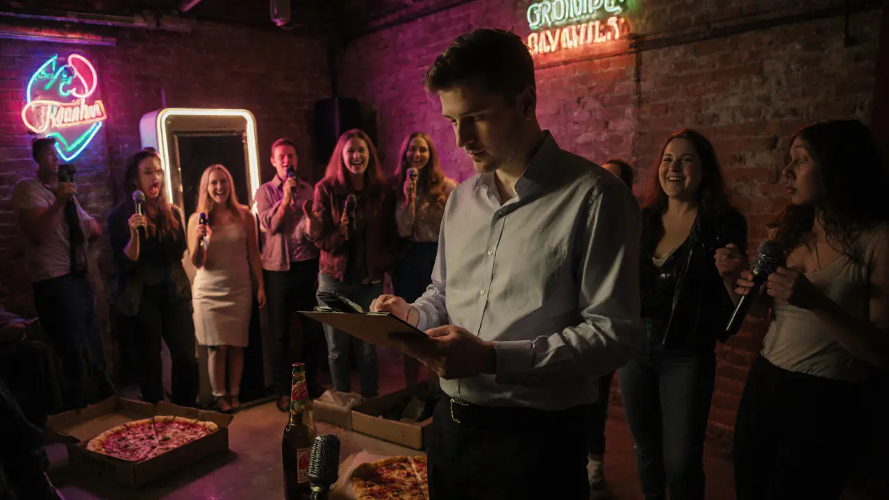 Sober friend holding clipboard at a themed 80s karaoke party, friends singing under neon lights in a warehouse venue.
