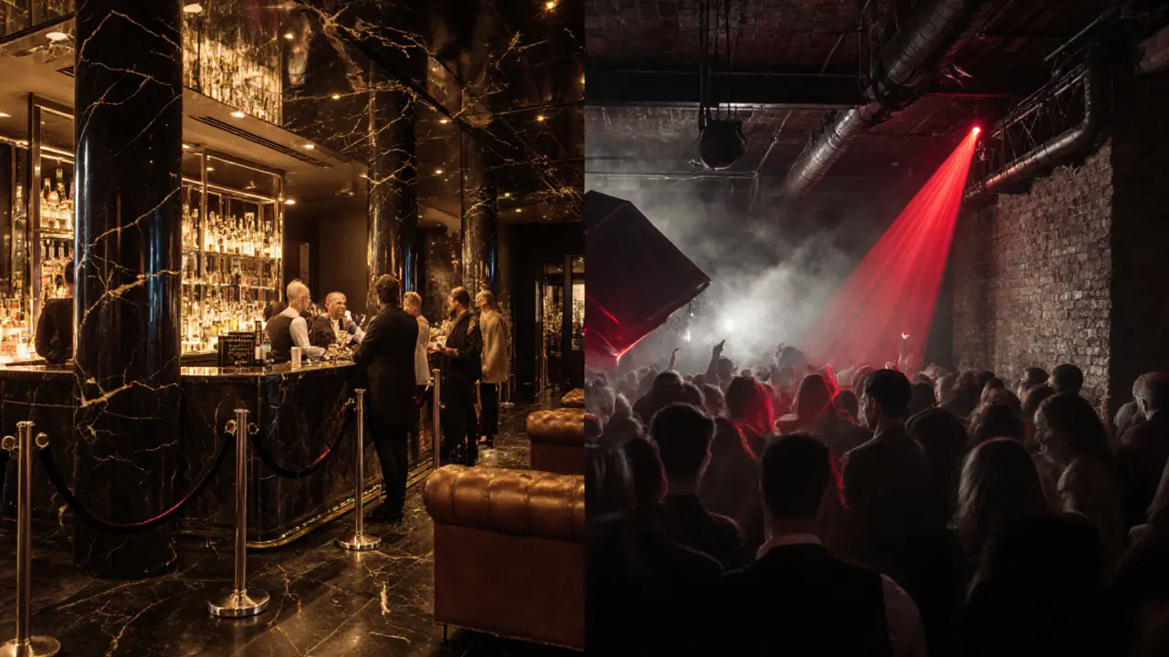 Split view of a luxury club with golden lighting and an industrial underground club with red strobes and a dancing crowd.