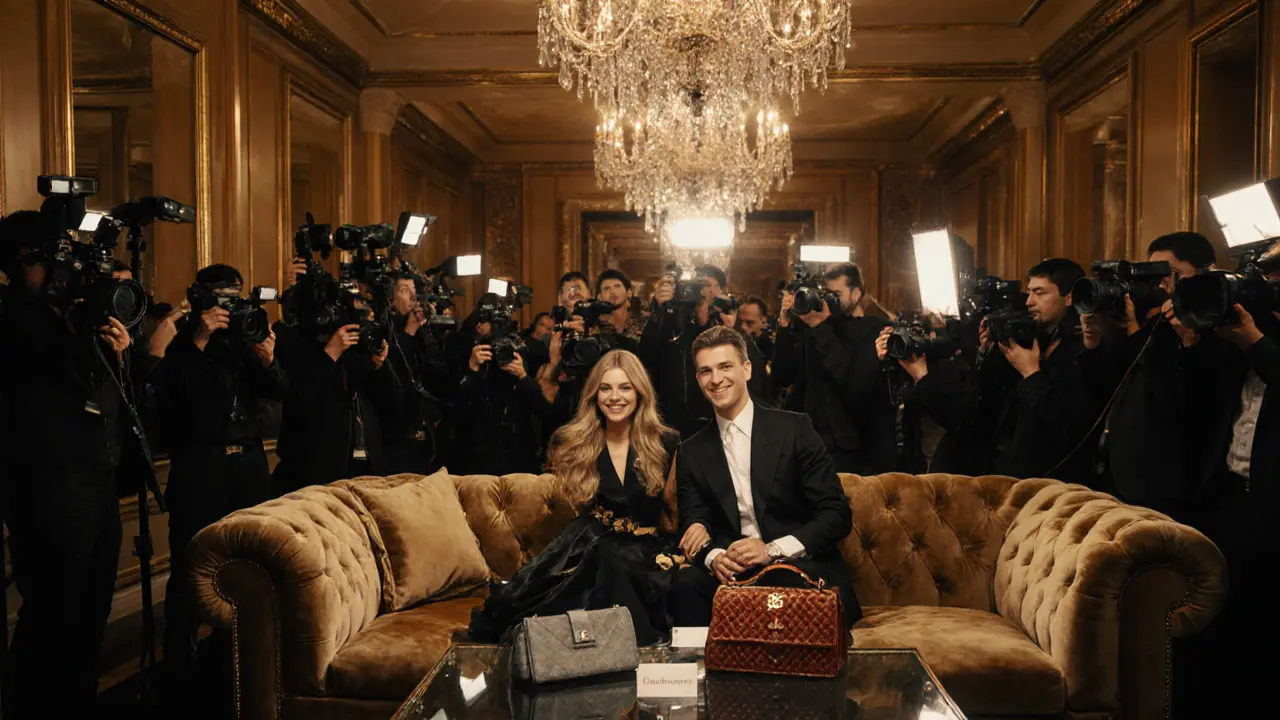 Supermodel and designer pose in an elegant press lounge surrounded by cameras.