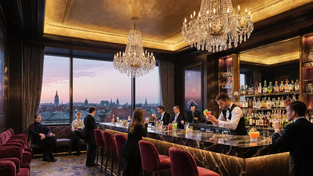 Upscale Goldene Bar interior with golden ceiling, bartender mixing a cocktail, and elegant guests.