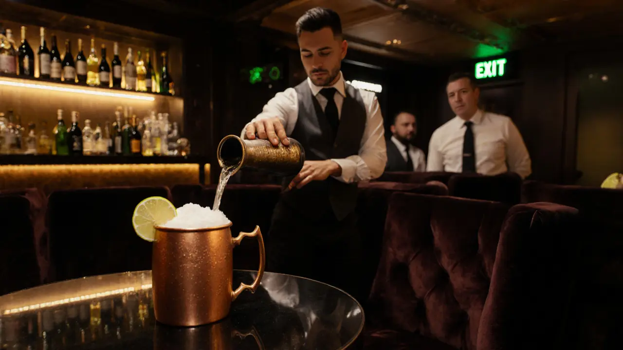 VIP lounge with plush tables, bottle service, and a bartender serving a cocktail.