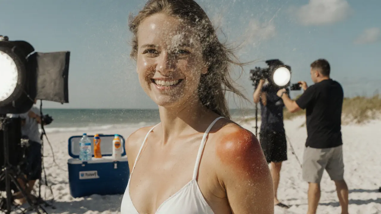 A bikini model smiling through sand and sunburn on a beach shoot, crew working behind her.