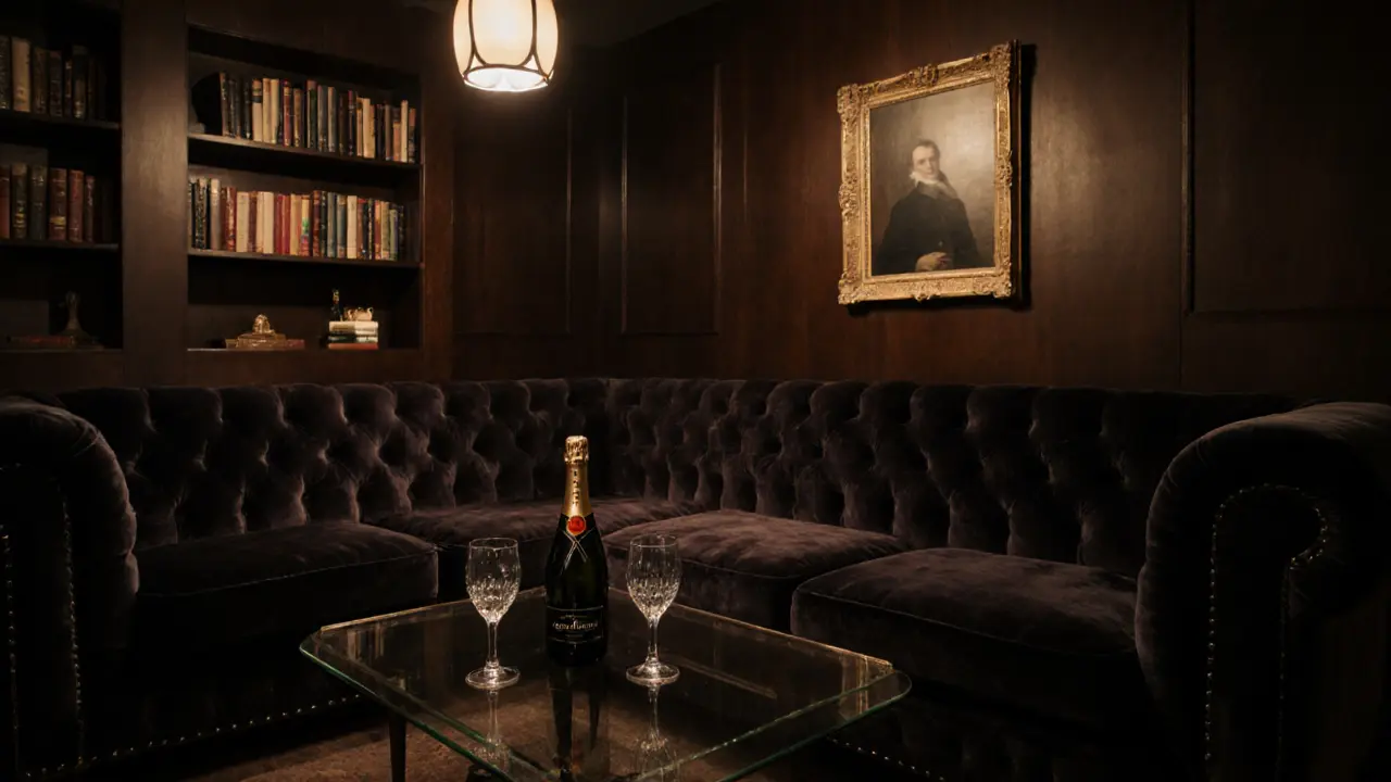 A couple shares a quiet moment in a private VIP lounge with champagne and soft lighting, surrounded by luxurious furnishings.