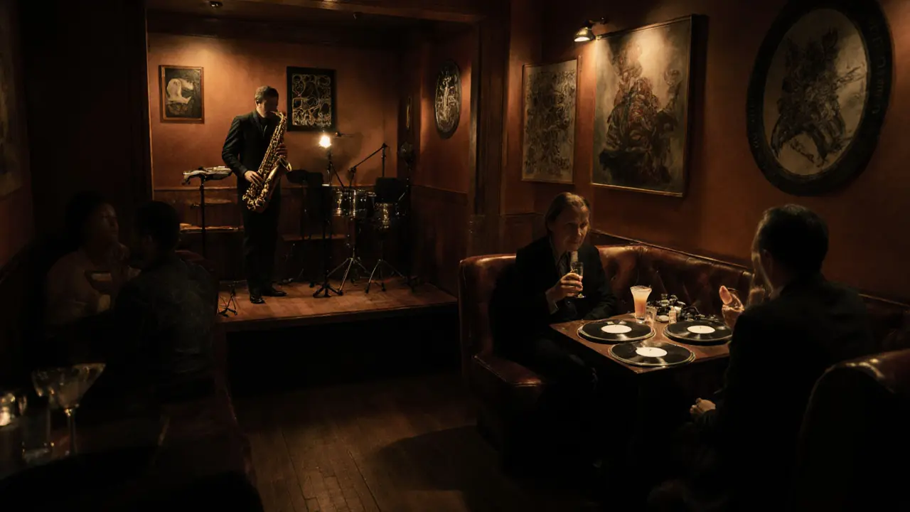 A cozy jazz lounge with soft lighting, a saxophonist playing, and patrons in velvet booths.