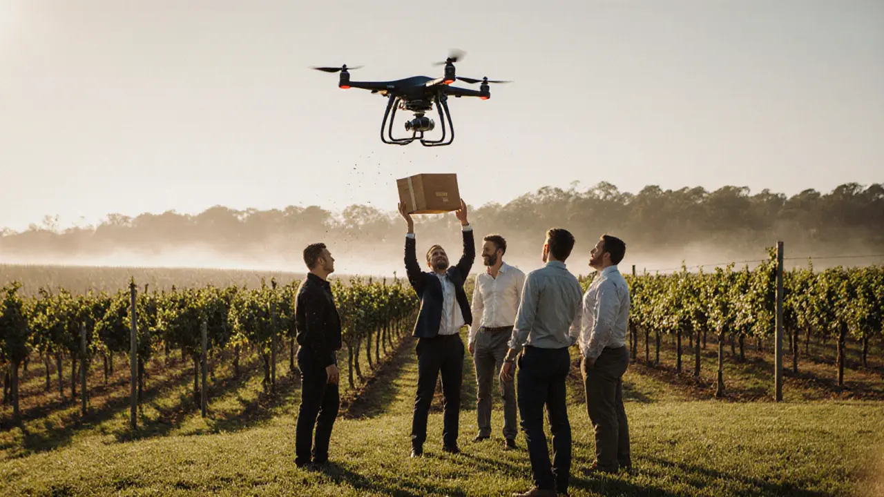 A drone drops a wooden box onto a vineyard knoll as groom and friends await the surprise.