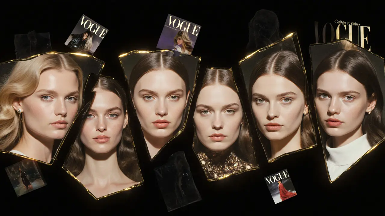 A fractured mirror reflecting the faces of legendary supermodels with golden light glowing around them.