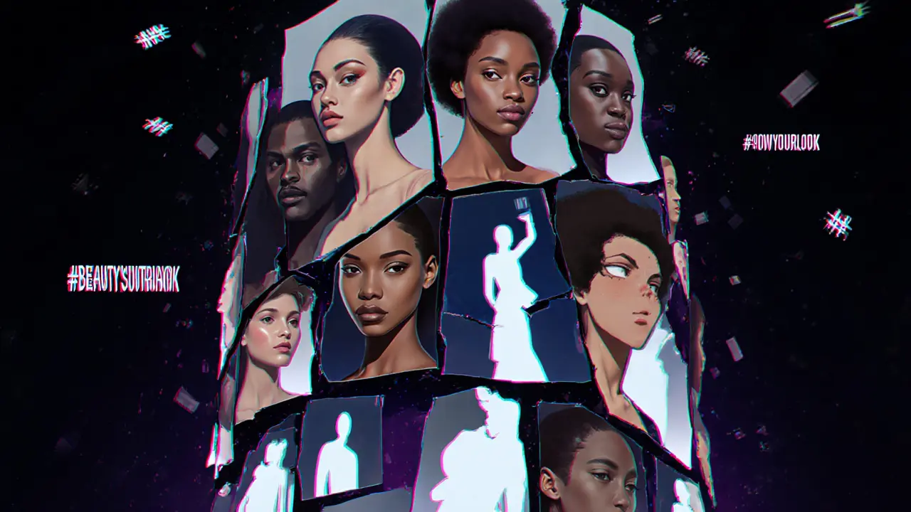 A fractured mirror reflects diverse young models, with iconic supermodels glowing at the center.